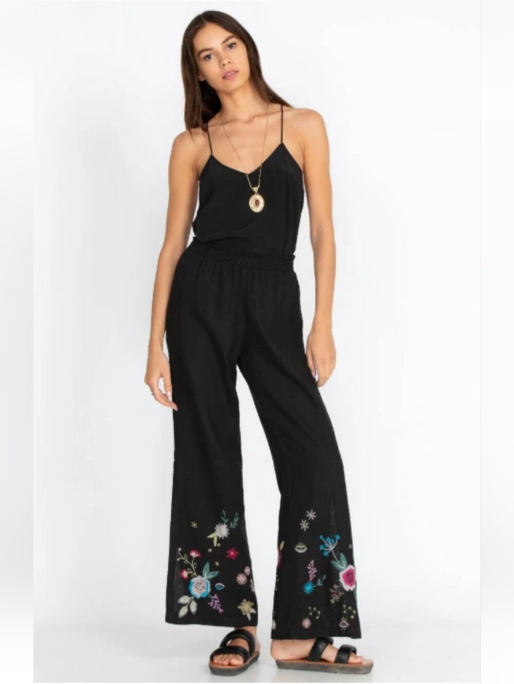 Johnny Was Wide Leg Embroider Linen Maritine High Slit Palazzo Pants